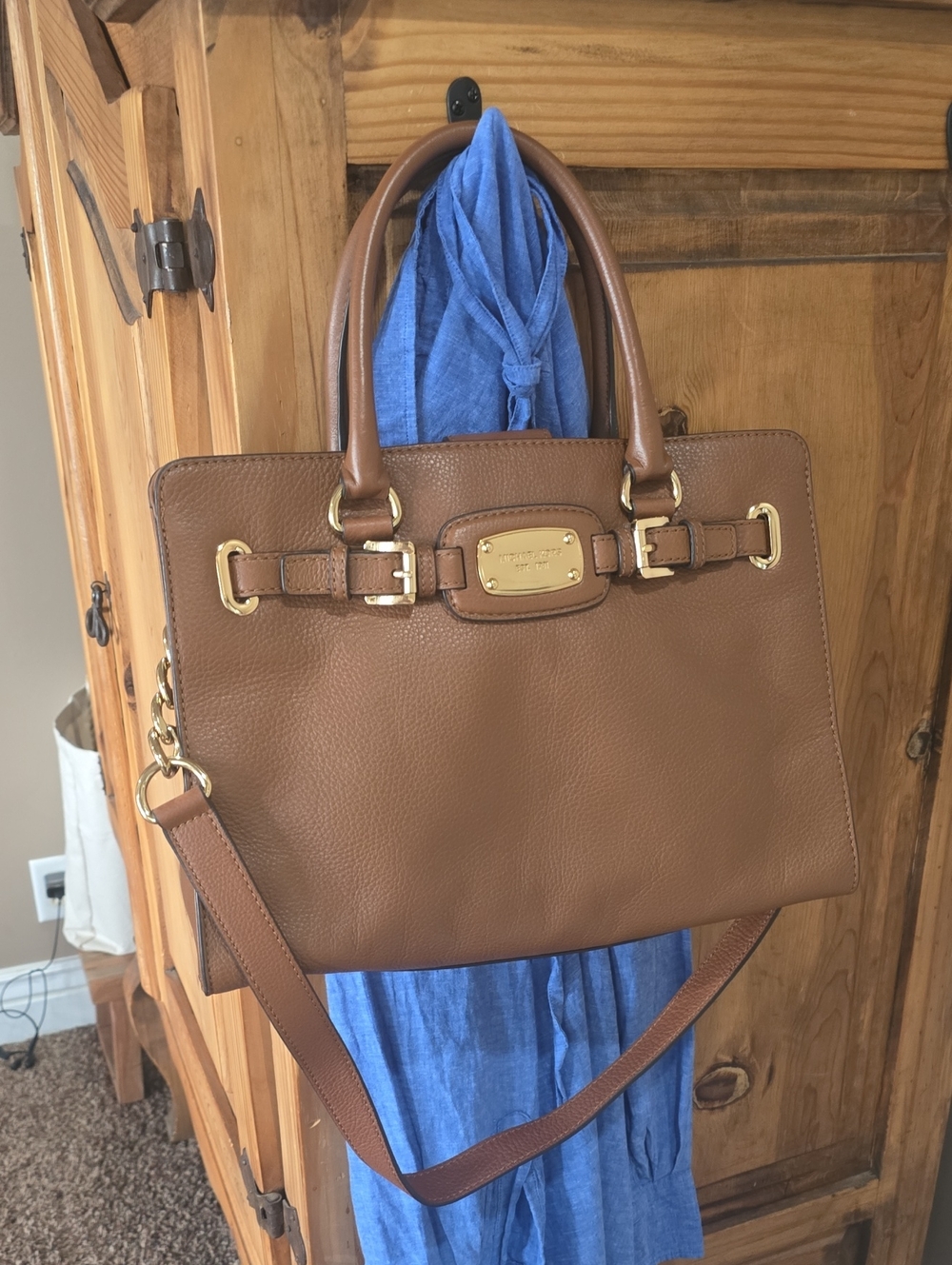 Michael Kors Hamilton Saddle Brown Pebbled Leather Satchel w GoldTone Hardware